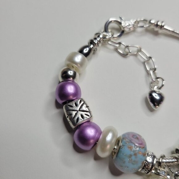 NWT Pandora Style Charm Bracelet Purple Passion Silver White Daisy Stars, Medium - Picture 3 of 7